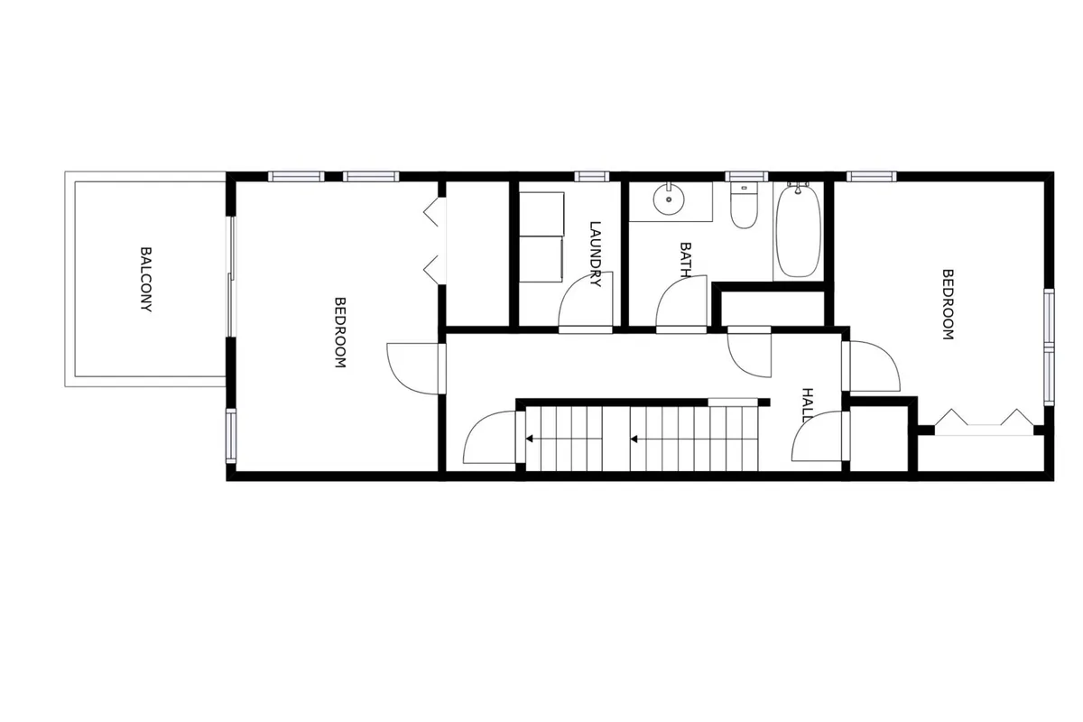 A well-lit hallway connecting bedrooms, a laundry room with visible washer/dryer, a bathroom, and access to a sunny balcony. The open layout hints at effortless movement between spaces, with the laundry room and balcony within close reach of the main living areas.